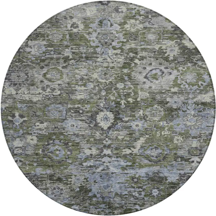 8' Olive Green And Denim Blue Round Floral Washable Indoor Outdoor Area Rug Photo 1