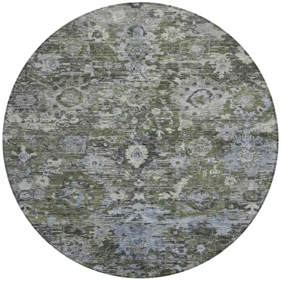 8' Olive Green And Denim Blue Round Floral Washable Indoor Outdoor Area Rug Photo 3