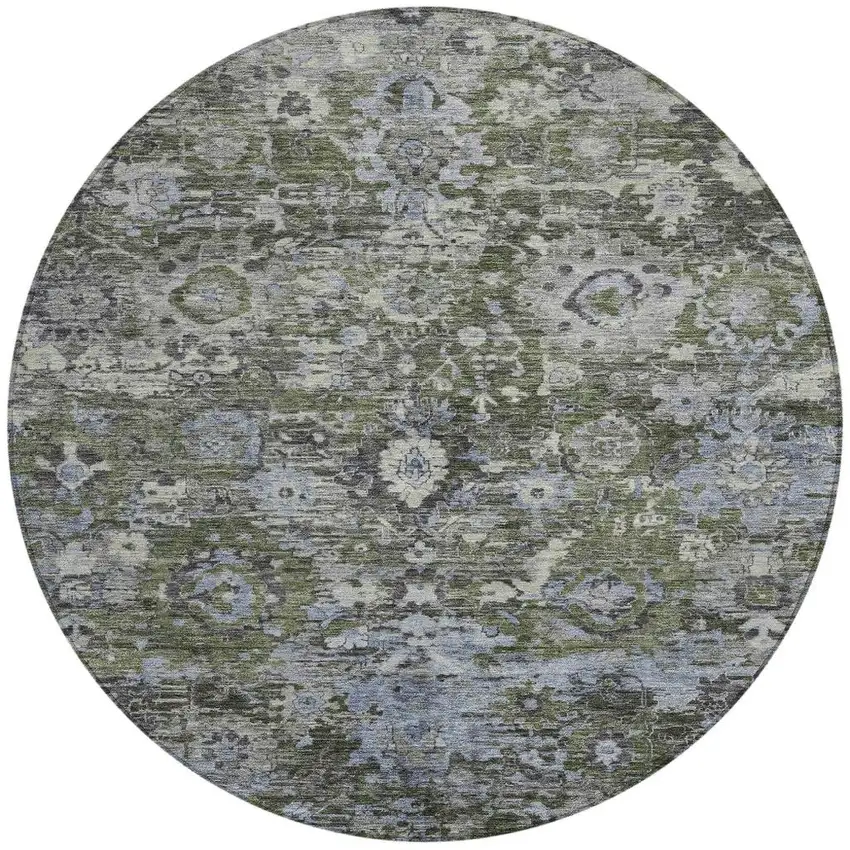 8' Olive Green And Denim Blue Round Floral Washable Indoor Outdoor Area Rug Photo 3