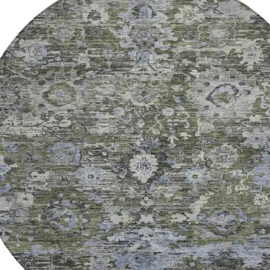 8' Olive Green And Denim Blue Round Floral Washable Indoor Outdoor Area Rug Photo 2