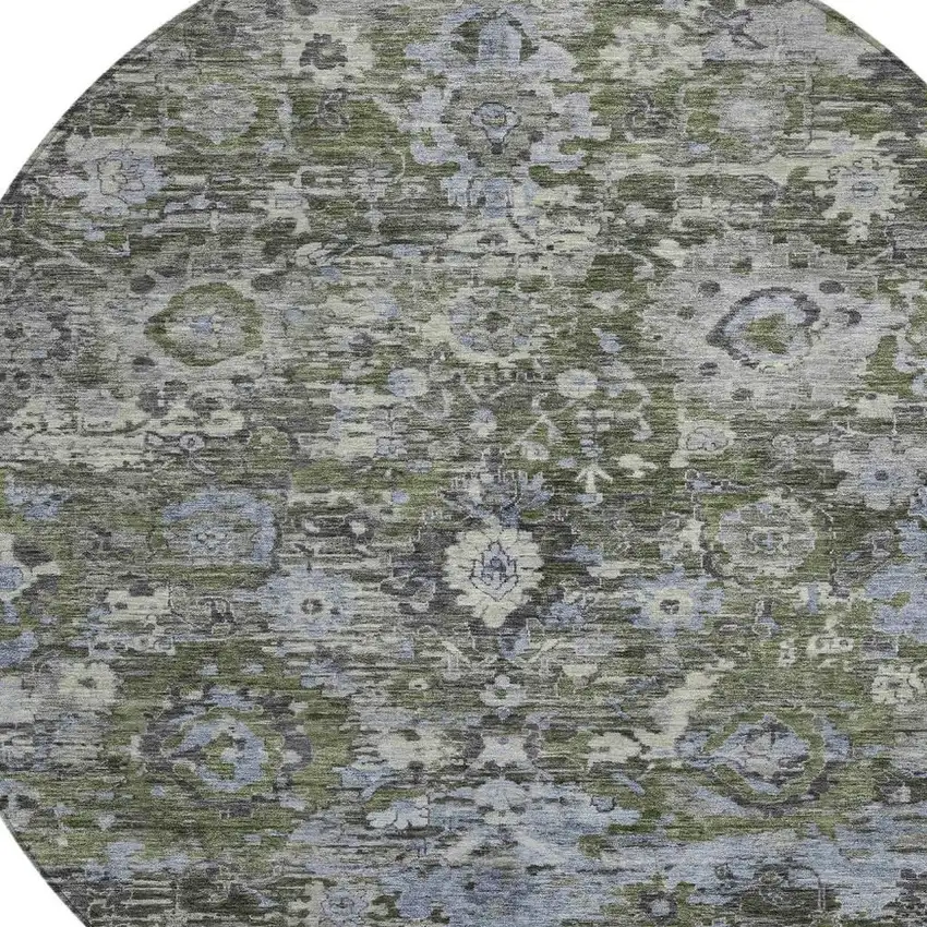 8' Olive Green And Denim Blue Round Floral Washable Indoor Outdoor Area Rug Photo 2