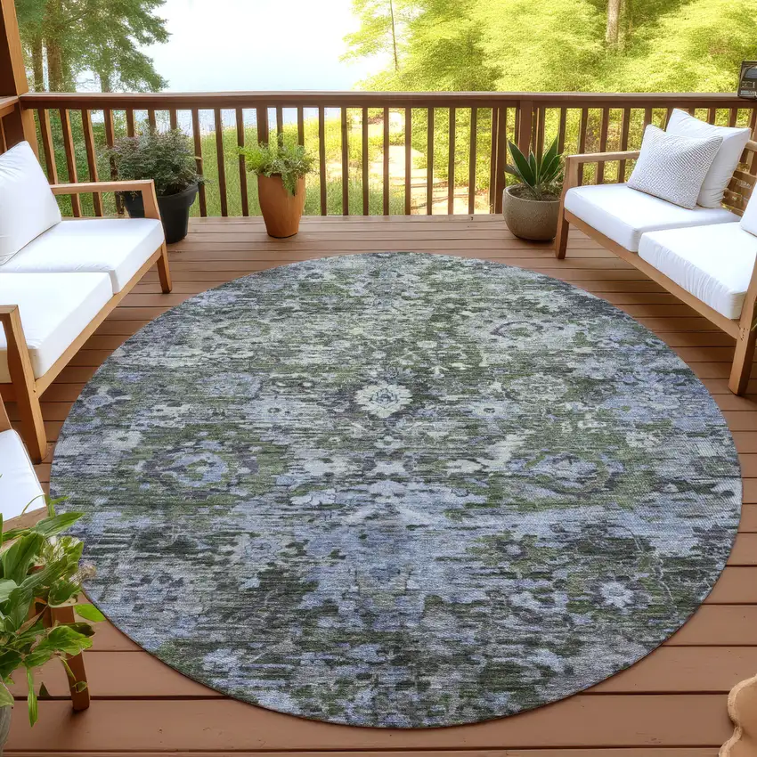 8' Olive Green And Denim Blue Round Floral Washable Indoor Outdoor Area Rug Photo 4