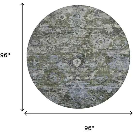 8' Olive Green And Denim Blue Round Floral Washable Indoor Outdoor Area Rug Photo 8