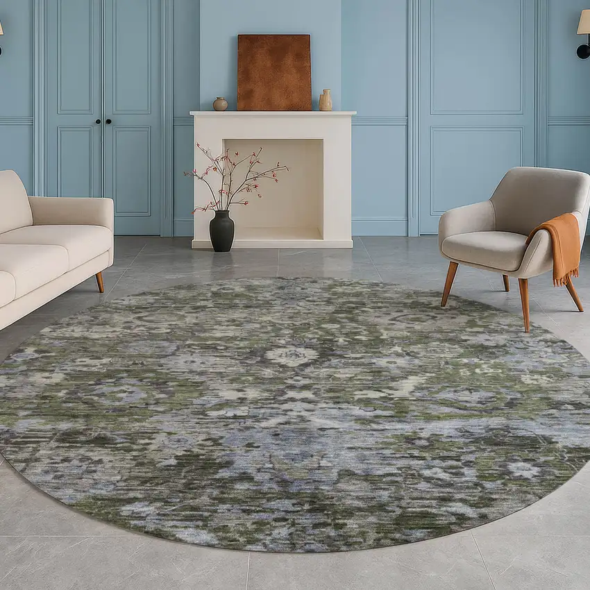 8' Olive Green And Denim Blue Round Floral Washable Indoor Outdoor Area Rug Photo 5