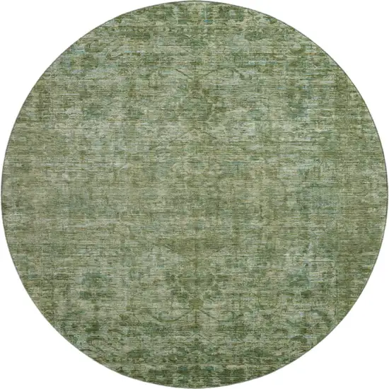 8' Olive Green And Fern Green Oriental Washable Round Rug With UV Protection Photo 1