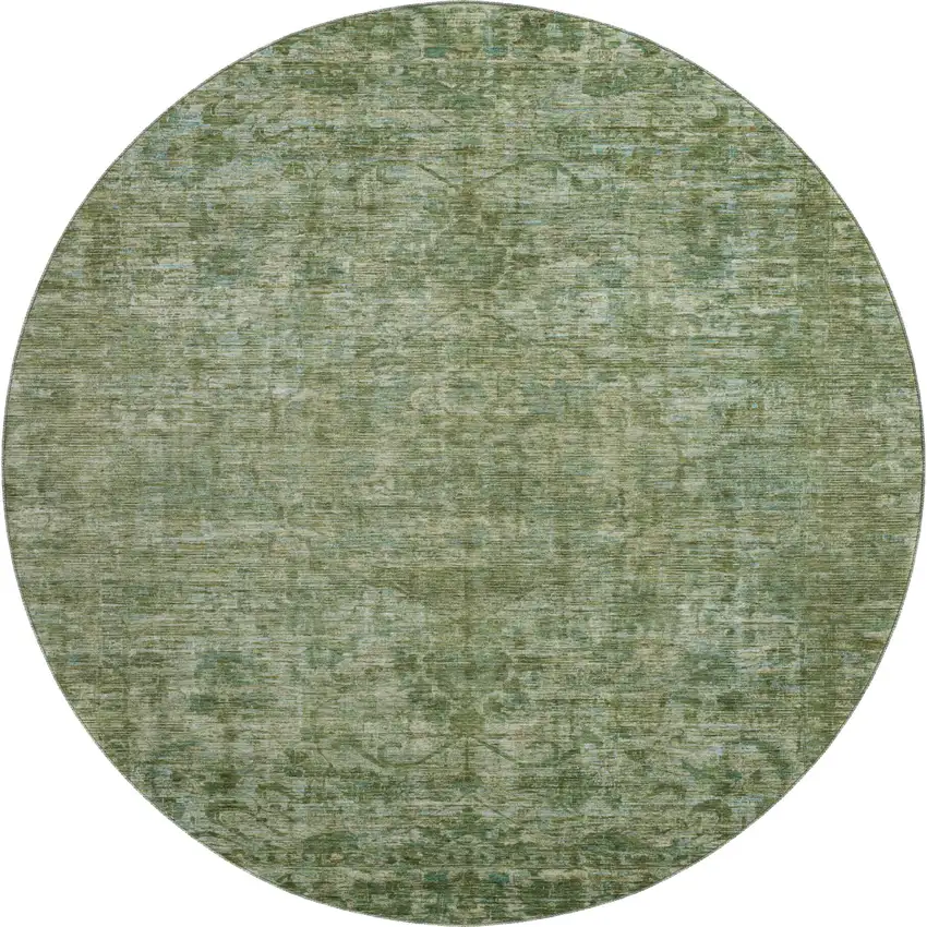 8' Olive Green And Fern Green Oriental Washable Round Rug With UV Protection Photo 1