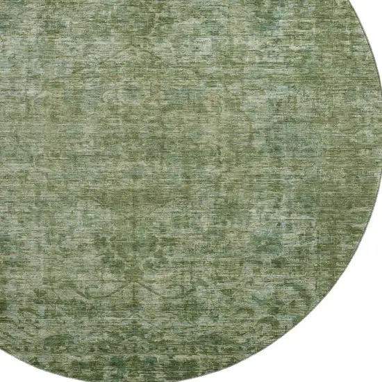 8' Olive Green And Fern Green Oriental Washable Round Rug With UV Protection Photo 2