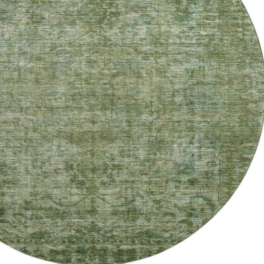 8' Olive Green And Fern Green Oriental Washable Round Rug With UV Protection Photo 2