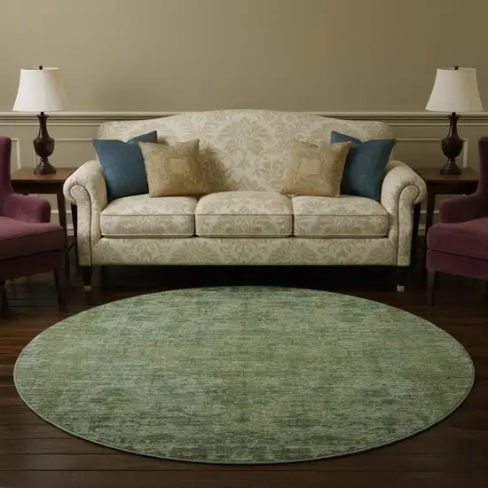 8' Olive Green And Fern Green Oriental Washable Round Rug With UV Protection Photo 2