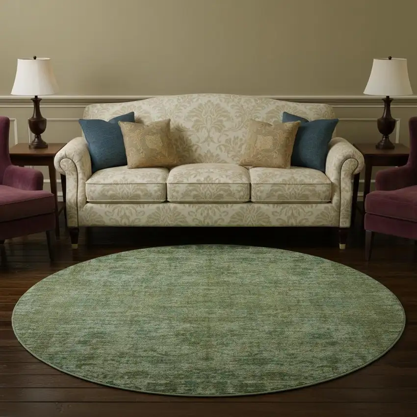 8' Olive Green And Fern Green Oriental Washable Round Rug With UV Protection Photo 2