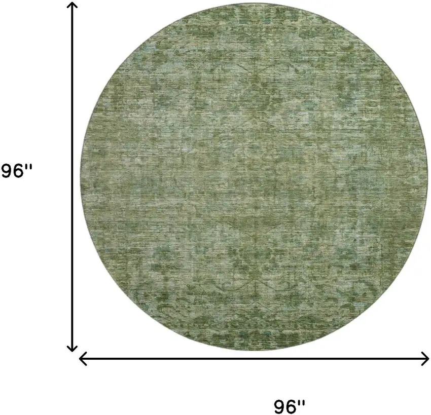 8' Olive Green And Fern Green Oriental Washable Round Rug With UV Protection Photo 9