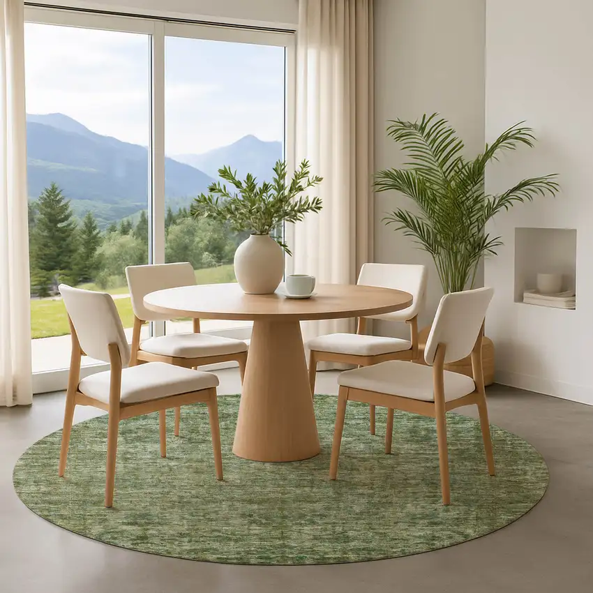 8' Olive Green And Fern Green Oriental Washable Round Rug With UV Protection Photo 4