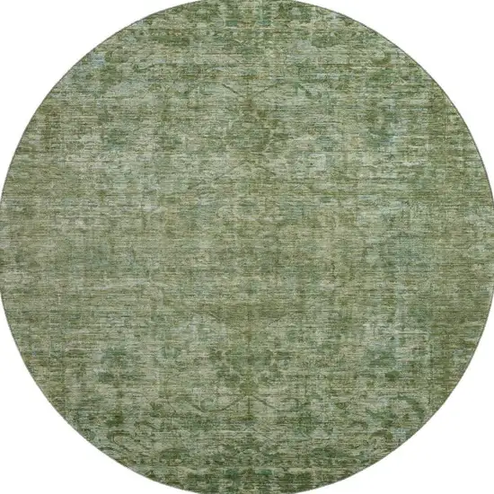 8' Olive Green And Fern Green Oriental Washable Round Rug With UV Protection Photo 3