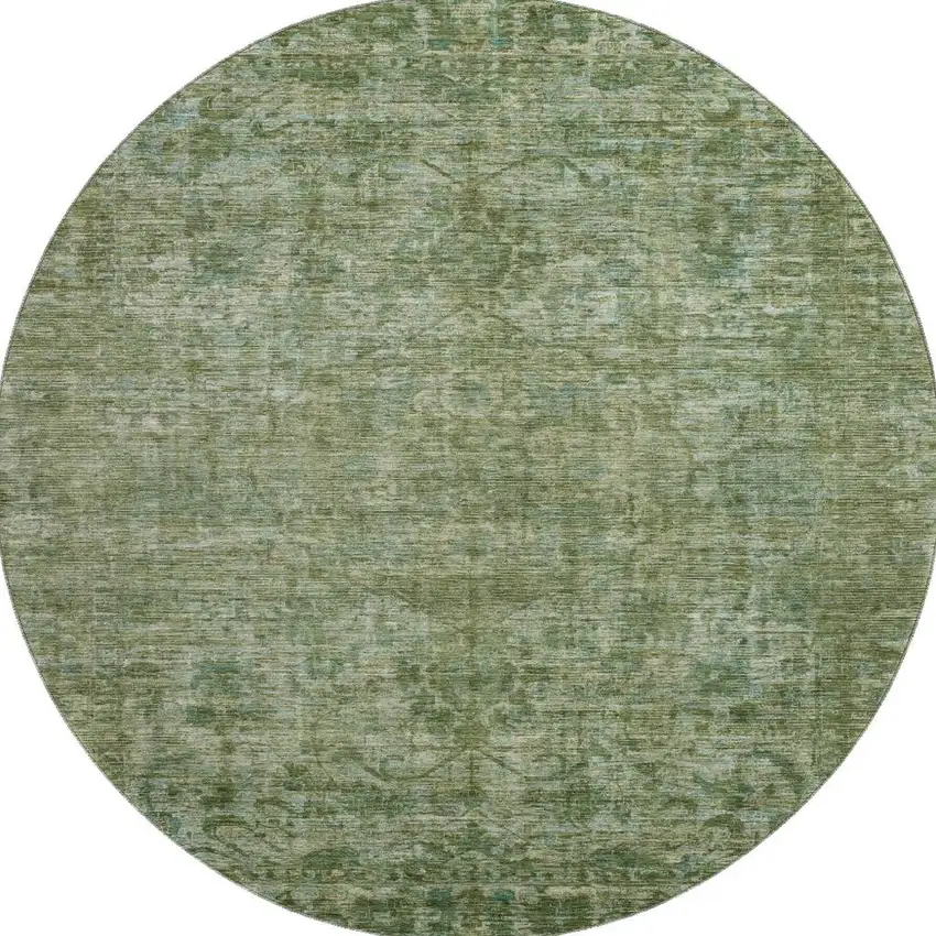 8' Olive Green And Fern Green Oriental Washable Round Rug With UV Protection Photo 3