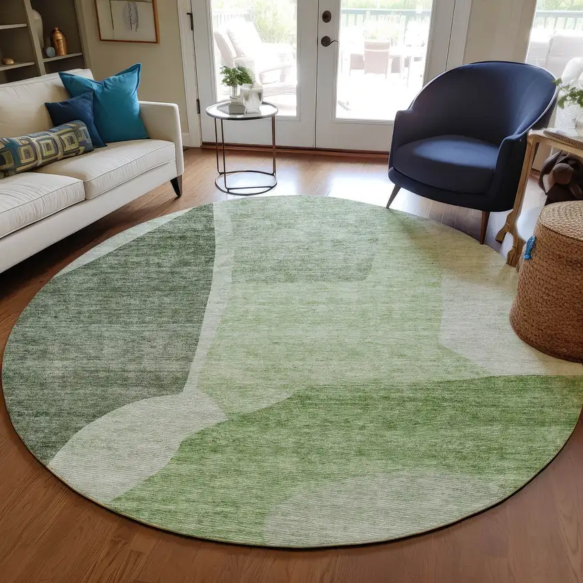 8' Olive Green And Fern Green Round Abstract Washable Indoor Outdoor Area Rug Photo 8