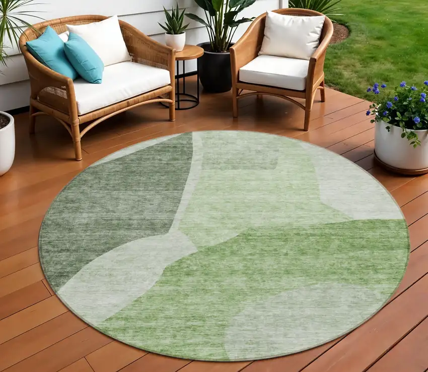 8' Olive Green And Fern Green Round Abstract Washable Indoor Outdoor Area Rug Photo 1