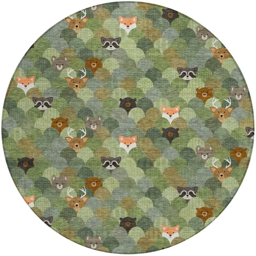 8' Olive Green And Fern Green Round Cactus Washable Indoor Outdoor Area Rug Photo 1