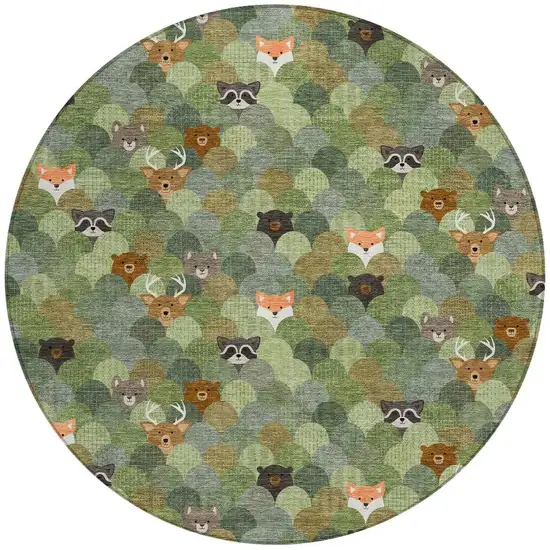8' Olive Green And Fern Green Round Cactus Washable Indoor Outdoor Area Rug Photo 3