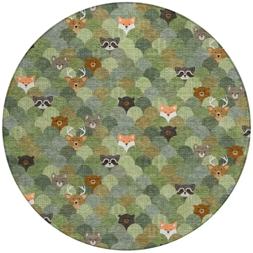 8' Olive Green And Fern Green Round Cactus Washable Indoor Outdoor Area Rug Photo 3