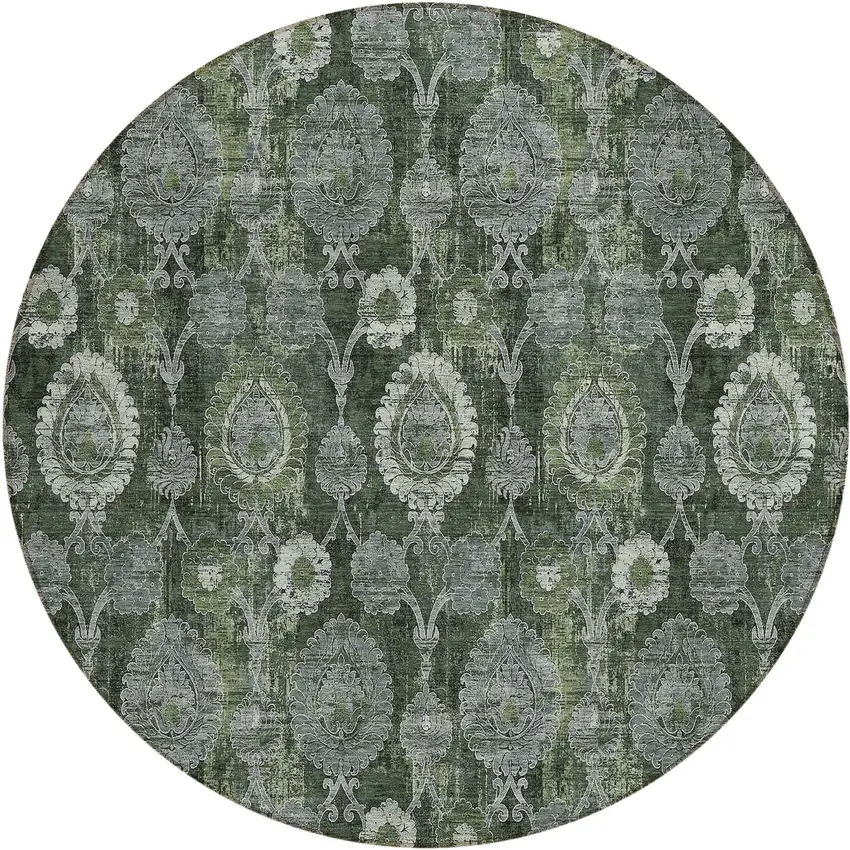8' Olive Green And Fern Green Round Damask Washable Indoor Outdoor Area Rug Photo 2