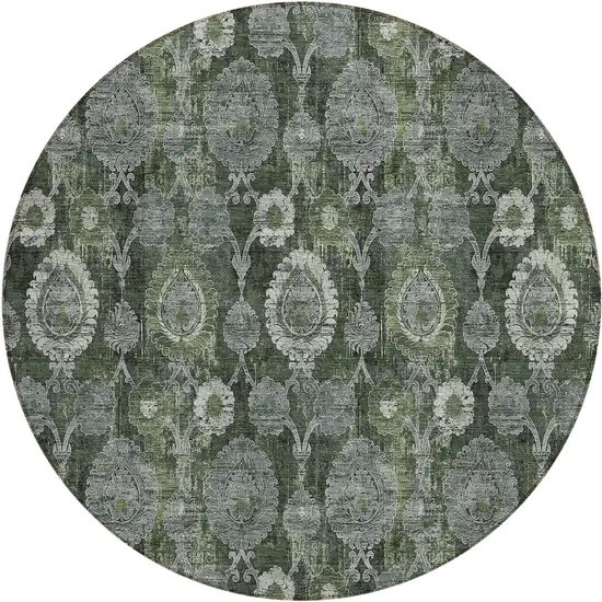 8' Olive Green And Fern Green Round Damask Washable Indoor Outdoor Area Rug Photo 2