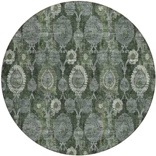 8' Olive Green And Fern Green Round Damask Washable Indoor Outdoor Area Rug Photo 2