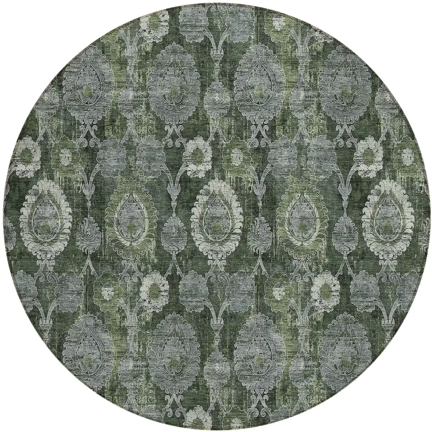 8' Olive Green And Fern Green Round Damask Washable Indoor Outdoor Area Rug Photo 2