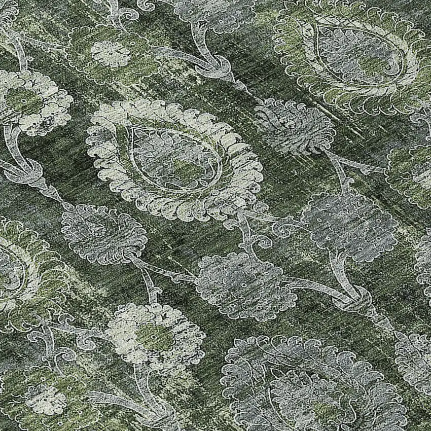 8' Olive Green And Fern Green Round Damask Washable Indoor Outdoor Area Rug Photo 8