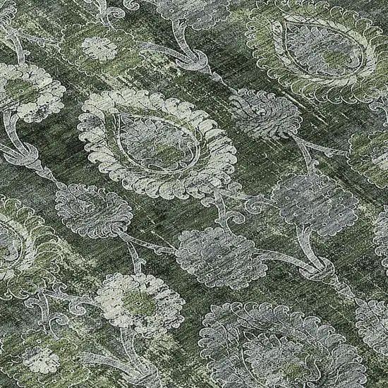 8' Olive Green And Fern Green Round Damask Washable Indoor Outdoor Area Rug Photo 8