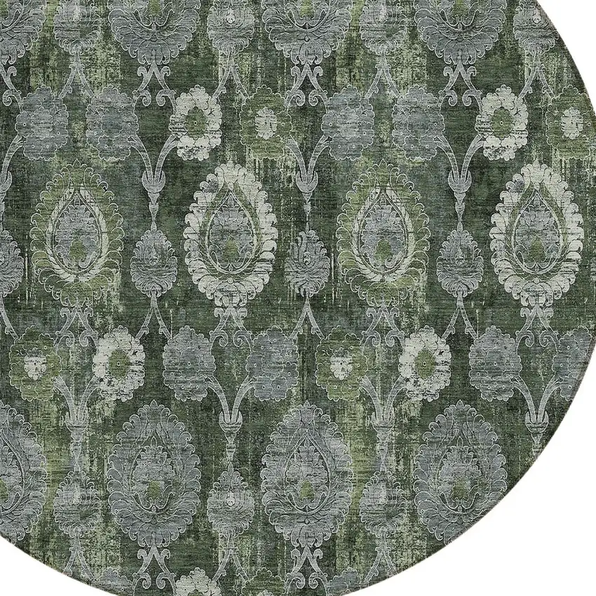 8' Olive Green And Fern Green Round Damask Washable Indoor Outdoor Area Rug Photo 4