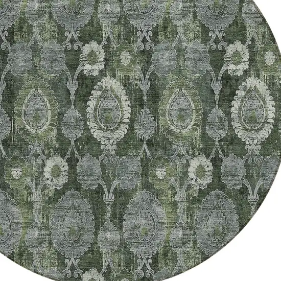 8' Olive Green And Fern Green Round Damask Washable Indoor Outdoor Area Rug Photo 4