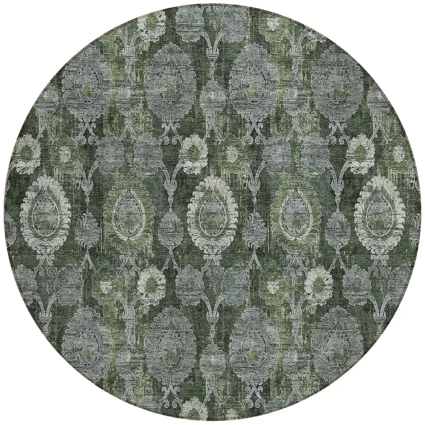 8' Olive Green And Fern Green Round Damask Washable Indoor Outdoor Area Rug Photo 5