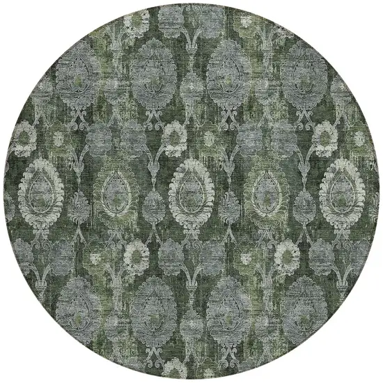 8' Olive Green And Fern Green Round Damask Washable Indoor Outdoor Area Rug Photo 5