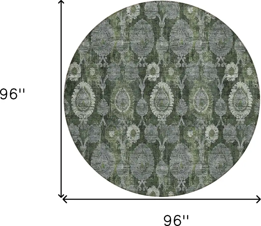 8' Olive Green And Fern Green Round Damask Washable Indoor Outdoor Area Rug Photo 3