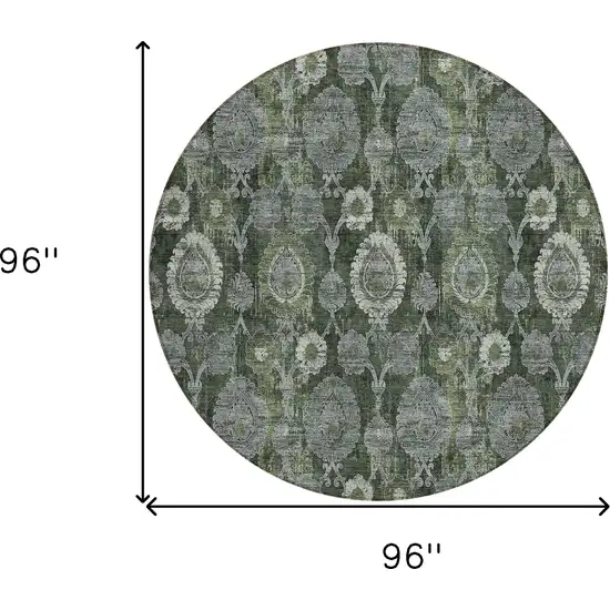 8' Olive Green And Fern Green Round Damask Washable Indoor Outdoor Area Rug Photo 3