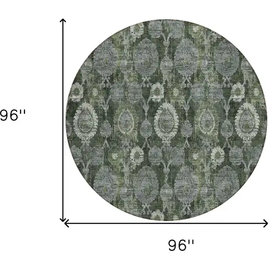 8' Olive Green And Fern Green Round Damask Washable Indoor Outdoor Area Rug Photo 3