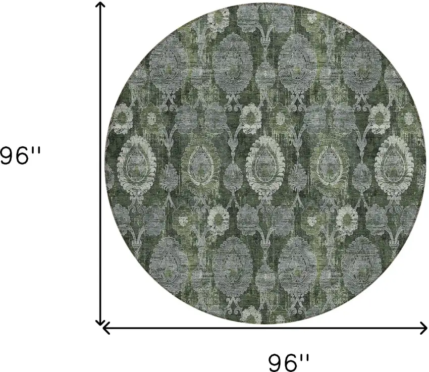 8' Olive Green And Fern Green Round Damask Washable Indoor Outdoor Area Rug Photo 3