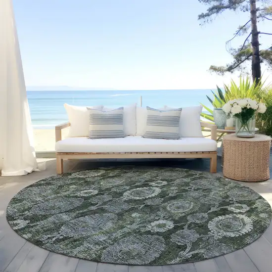 8' Olive Green And Fern Green Round Damask Washable Indoor Outdoor Area Rug Photo 6