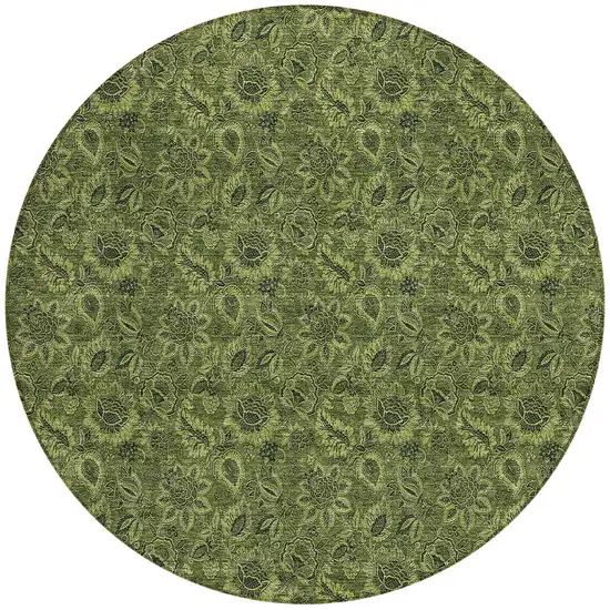 8' Olive Green And Fern Green Round Floral Washable Indoor Outdoor Area Rug Photo 4