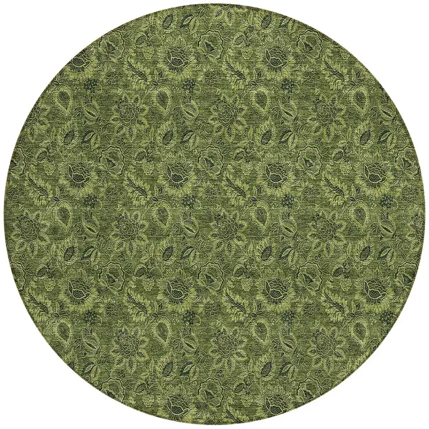 8' Olive Green And Fern Green Round Floral Washable Indoor Outdoor Area Rug Photo 4
