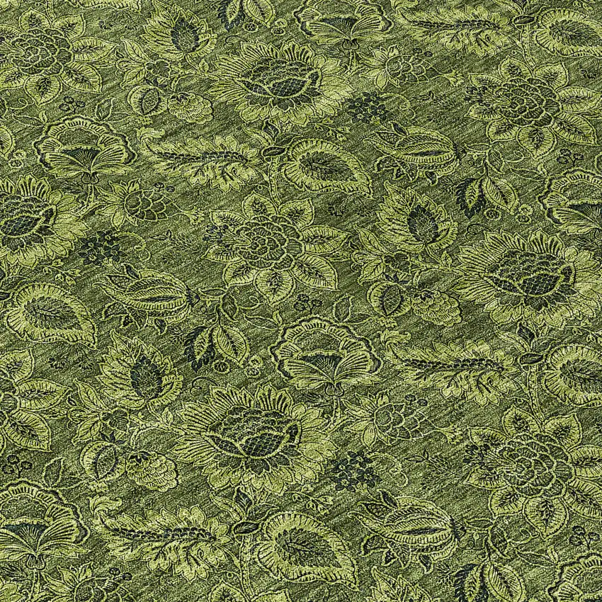 8' Olive Green And Fern Green Round Floral Washable Indoor Outdoor Area Rug Photo 8