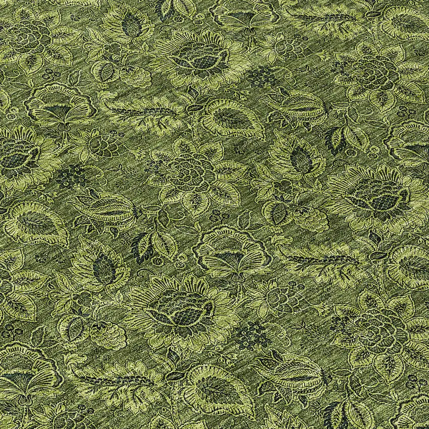 8' Olive Green And Fern Green Round Floral Washable Indoor Outdoor Area Rug Photo 8