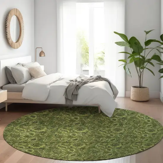 8' Olive Green And Fern Green Round Floral Washable Indoor Outdoor Area Rug Photo 7