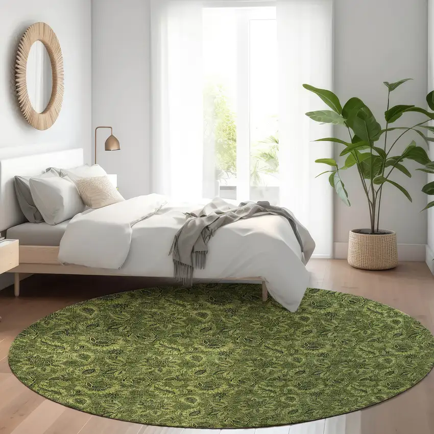 8' Olive Green And Fern Green Round Floral Washable Indoor Outdoor Area Rug Photo 7