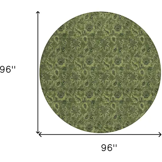 8' Olive Green And Fern Green Round Floral Washable Indoor Outdoor Area Rug Photo 3
