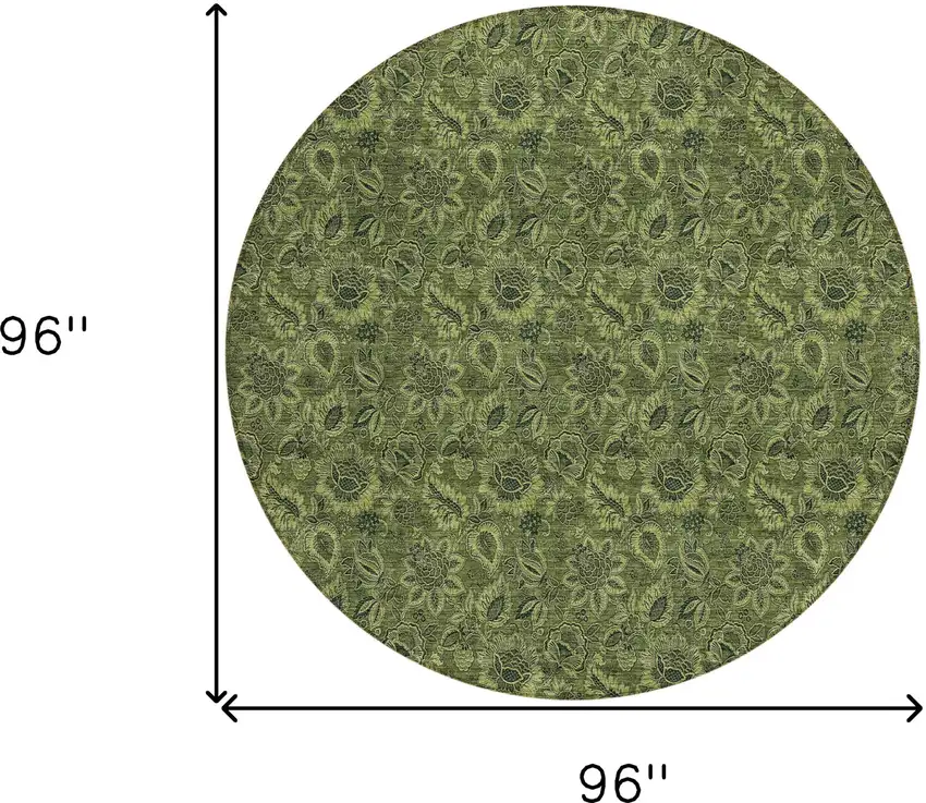 8' Olive Green And Fern Green Round Floral Washable Indoor Outdoor Area Rug Photo 3