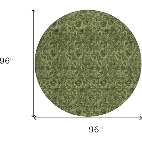 8' Olive Green And Fern Green Round Floral Washable Indoor Outdoor Area Rug Photo 3