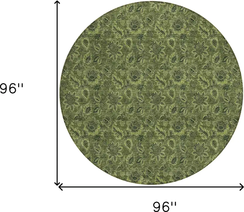 8' Olive Green And Fern Green Round Floral Washable Indoor Outdoor Area Rug Photo 3
