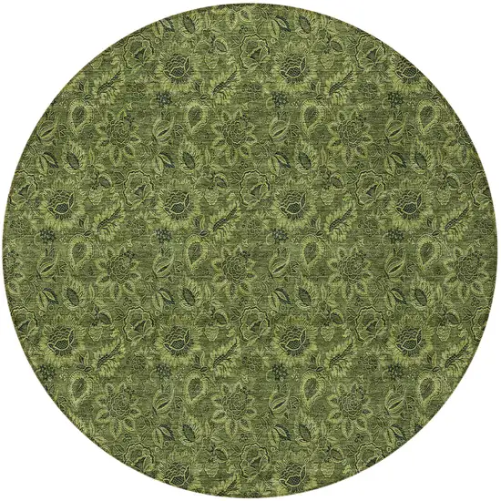 8' Olive Green And Fern Green Round Floral Washable Indoor Outdoor Area Rug Photo 5