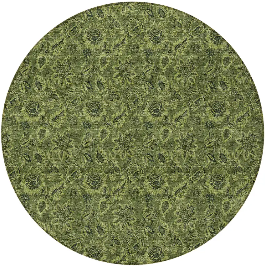 8' Olive Green And Fern Green Round Floral Washable Indoor Outdoor Area Rug Photo 5
